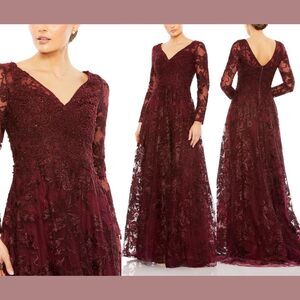 NWT Mac Duggal [ 12 ] 20409 Embellished Illusion Long Sleeve V Neck Gown Mahogan